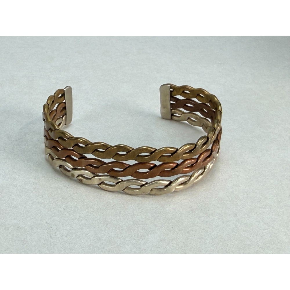 Vintage Tri Color Copper Brass Silver Tone Woven Open Cuff Bracelet